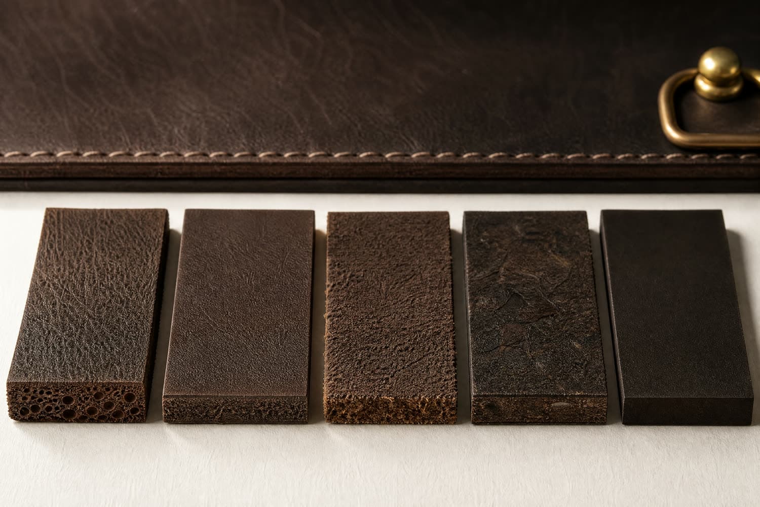 Five leather swatches in a row showing full-grain, top-grain, split, bonded and coated synthetic edges side by side